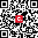 A qr code with a red square with a white letter on itDescription automatically generated